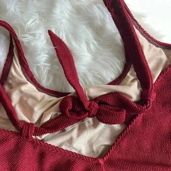 Dark Red Kona Sol Bathing Suit/ Swimsuit One-Piece size XL ribbed with bow - Picture 6 of 10